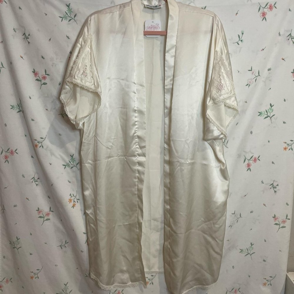 Vintage 70s 80s Floral Embroidered and Lace Robe Cover Up Size M/L